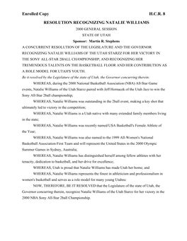 Enrolled Copy H.C.R. 8 RESOLUTION RECOGNIZING NATALIE WILLIAMS