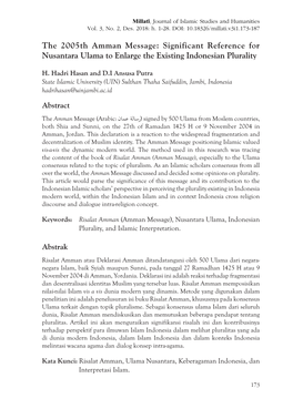 The 2005Th Amman Message: Significant Reference for Nusantara Ulama to Enlarge the Existing Indonesian Plurality