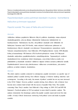 Populistiskandaalit Uutena Poliittisen Skandaalin Muotona: Esimerkkeinä Halla-Ahon Ja Immosen Tapaukset