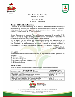 Plan Municipal De Desarrollo Gestión 2018-2021 Chinantla, Puebla C