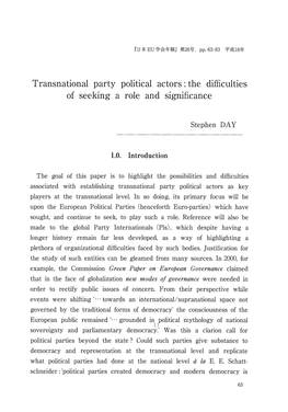 Transnational Party Political Actors:The Difficulties of Seeking a Role and Significance