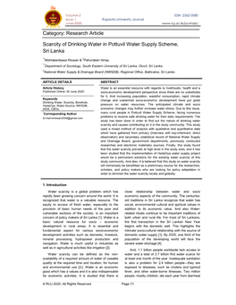 Category: Research Article Scarcity of Drinking Water in Pottu Sri Lanka Esearch Article Drinking Water in Pottuvil Water Supply