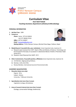 Curriculum Vitae Hom Nath Pathak Teaching Assistant, Department of Botany & Microbiology