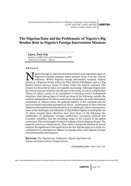 The Nigerian State and the Problematic of Nigeria's Big Brother Role in Nigeria's Foreign Intervention Missions