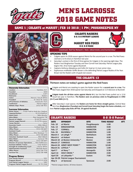 Men's Lacrosse 2018 Game Notes