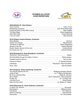 WYOMING ALL-STATE CHOIR REPERTOIRE WMEA Wyoming Music Educators Association