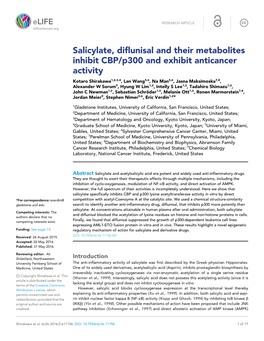 Salicylate, Diflunisal and Their Metabolites Inhibit CBP/P300 and Exhibit Anticancer Activity