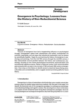 Emergence in Psychology: Lessons from the History of Non-Reductionist Science
