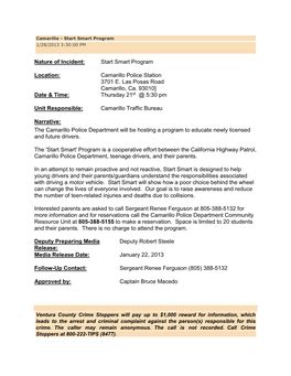 Nature of Incident: Start Smart Program Location: Camarillo Police Station 3701 E. Las Posas Road Camarillo, Ca. 93010] Date &Am