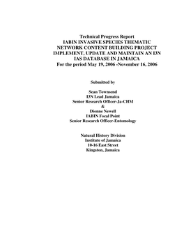 Technical Progress Report IABIN INVASIVE SPECIES THEMATIC