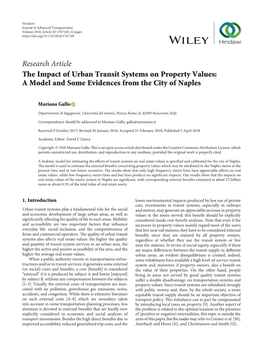 Research Article the Impact of Urban Transit Systems on Property Values: a Model and Some Evidences from the City of Naples