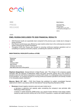 Enel Russia Discloses Its 2020 Financial Results