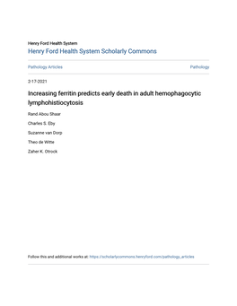 Increasing Ferritin Predicts Early Death in Adult Hemophagocytic Lymphohistiocytosis