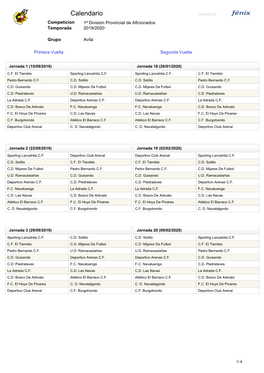 Calendario 29/08/2019 Competicion 1ª División Provincial De Aficionados Temporada 2019/2020