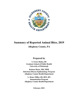 Summary of Reported Animal Bites, 2019 Allegheny County, PA