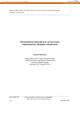 Foundational Research in Accounting: Professional I Memoirs and Beyond ______