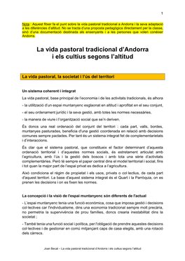 La Vida Pastoral Tradicional D'andorra I Els Cultius Segons L'altitud