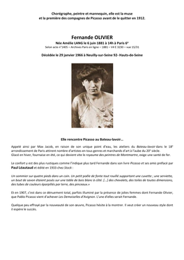 Fernande OLIVIER Née Amélie LANG Le 6 Juin 1881 À 14H À Paris 6E Selon Acte N°1405 – Archives Paris En Ligne – 1881 – V4 E 3230 – Vue 15/31