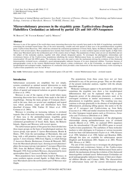 Microevolutionary Processes in the Stygobitic Genus Typhlocirolana (Isopoda Flabellifera Cirolanidae) As Inferred by Partial 12S and 16S Rdnasequences