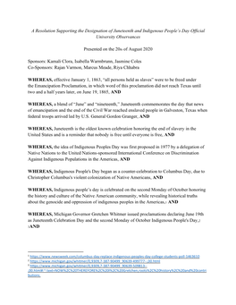 A Resolution Supporting the Designation of Juneteenth and Indigenous People’S Day Official University Observances