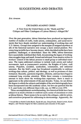 CRUSADES AGAINST CRISIS a View from the United States on the "Rank-And-File" Critique and Other Catalogues of Labour History's Alleged Ills*
