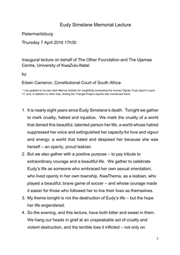 Cameron Eudy Simelane Memorial Lecture Thursday