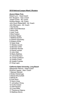 2019 National League Week 2 Rosters Alumni Water Polo Robert