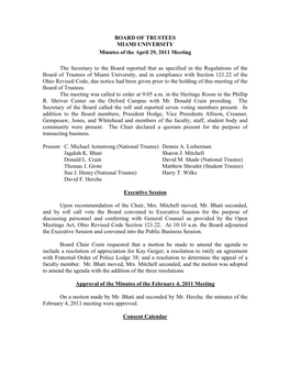 BOARD of TRUSTEES MIAMI UNIVERSITY Minutes of the April 29, 2011 Meeting