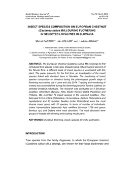 INSECT SPECIES COMPOSITION on EUROPEAN CHESTNUT (Castanea Sativa Mill.) DURING FLOWERING in SELECTED LOCALITIES in SLOVAKIA