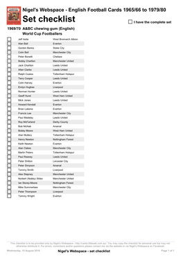 Set Checklist I Have the Complete Set 1969/70 A&BC Chewing Gum (English) World Cup Footballers