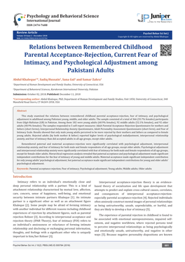 Relations Between Remembered Childhood Parental Acceptance-Rejection, Current Fear of Intimacy, and Psychological Adjustment Among Pakistani Adults