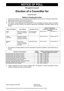 NOTICE of POLL Election of a Councillor