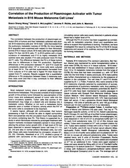 Correlation of the Production of Plasminogen Activator with Tumor Metastasis in Bi 6 Mouse Melanoma Cell Lines