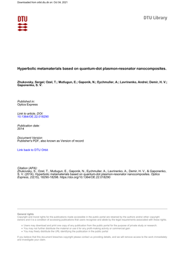 Hyperbolic Metamaterials Based on Quantum-Dot Plasmon-Resonator Nanocomposites