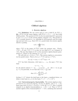 CLIFFORD ALGEBRAS Property, Then There Is a Unique Isomorphism (V ) (V ) Intertwining the Two Inclusions of V