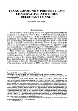 Texas Community Property Law: Conservative Attitudes, Reluctant Change