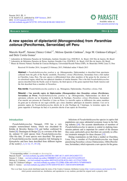 A New Species of Diplectanid (Monogenoidea) from Paranthias Colonus (Perciformes, Serranidae) Off Peru