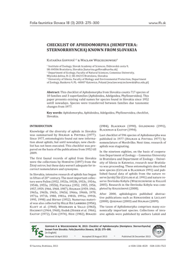 Checklist of Aphidomorpha (Hemiptera: Sternorrhyncha) Known from Slovakia