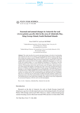 Seasonal and Annual Changes in Antarctic Fur Seal (Arctocephalus Gazella) Diet in the Area of Admiralty Bay, King George Island, South Shetland Islands