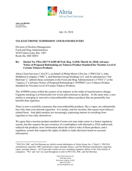 July 16, 2018 VIA ELECTRONIC SUBMISSION and HAND DELIVERY Division of Dockets Management Food and Drug Administration 5630 Fishe