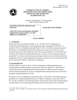 Order 2021-1-5 Served January 15, 2021 UNITED STATES of AMERICA DEPARTMENT of TRANSPORTATION OFFICE of the SECRETARY WASHINGTON, D.C