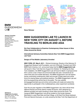 Bmw Guggenheim Lab to Launch in New York City On