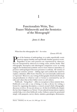 Functionalists Write, Too: Frazer/Malinowski and the Semiotics of the Monograph1