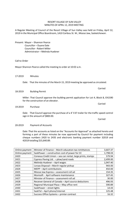 RESORT VILLAGE of SUN VALLEY MINUTES of APRIL 12, 2019 MEETING a Regular Meeting of Council of the Resort Village of Sun Valley