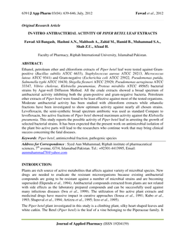 In-Vitro Antibacterial Activity of Piper Betel Leaf Extracts