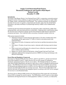 Auggie Creek Restoration/Fuels Project Threatened, Endangered, and Sensitive Plant Report Darlene Lavelle December 17, 2008