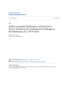 Rediscovering the Bankruptcy and Insolvency Power: Political and Constitutional Challenges to the Bankruptcy Act, 1919-1929 Thomas G