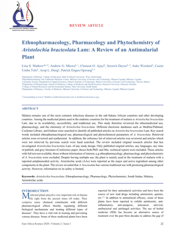 Ethnopharmacology, Pharmacology and Phytochemistry of Aristolochia Bracteolata Lam: a Review of an Antimalarial Plant