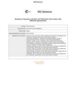 Sorption of Atrazine, Alachlor and Trifluralin from Water Onto Different Geosorbents