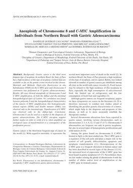 Aneuploidy of Chromosome 8 and C-MYC Amplification in Individuals from Northern Brazil with Gastric Adenocarcinoma